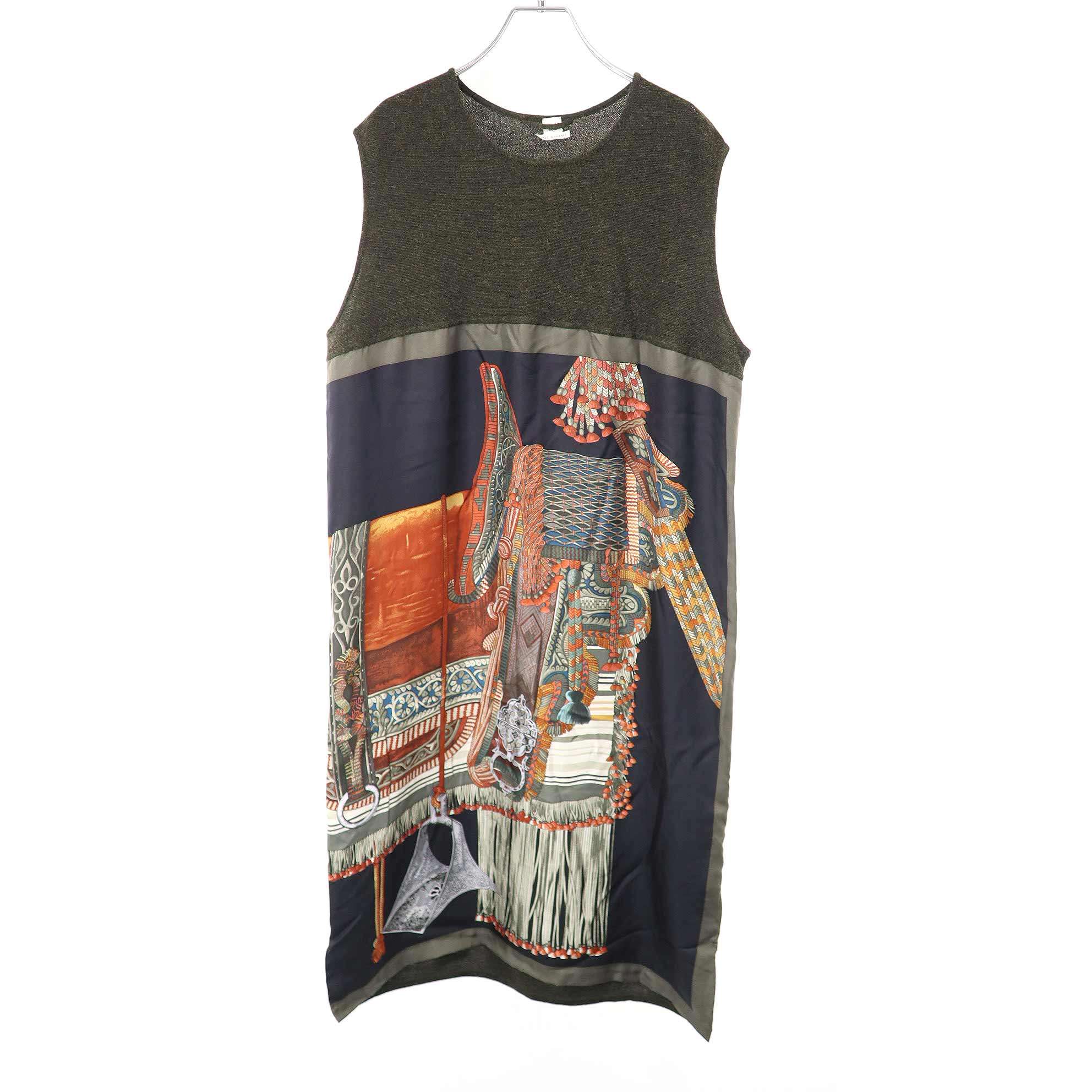 HERMES ツイルレーヌ シルク＆アルパカ100% アラベスク模様 ワンピース エルメス 14AW ツイルレーヌ シルクアルパカノースリーブニット