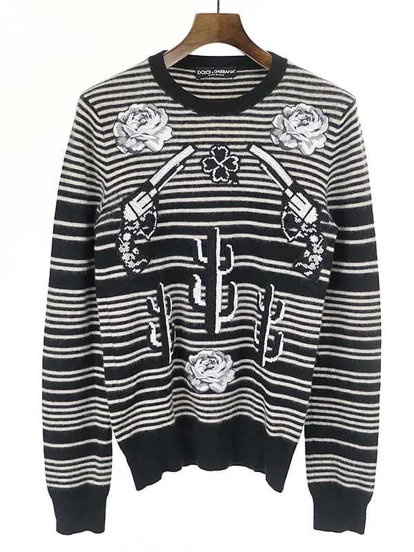 DOLCE&GABBANA ドルチェ&ガッバーナ ワッペン刺繍ボーダーカシミヤニットセーター