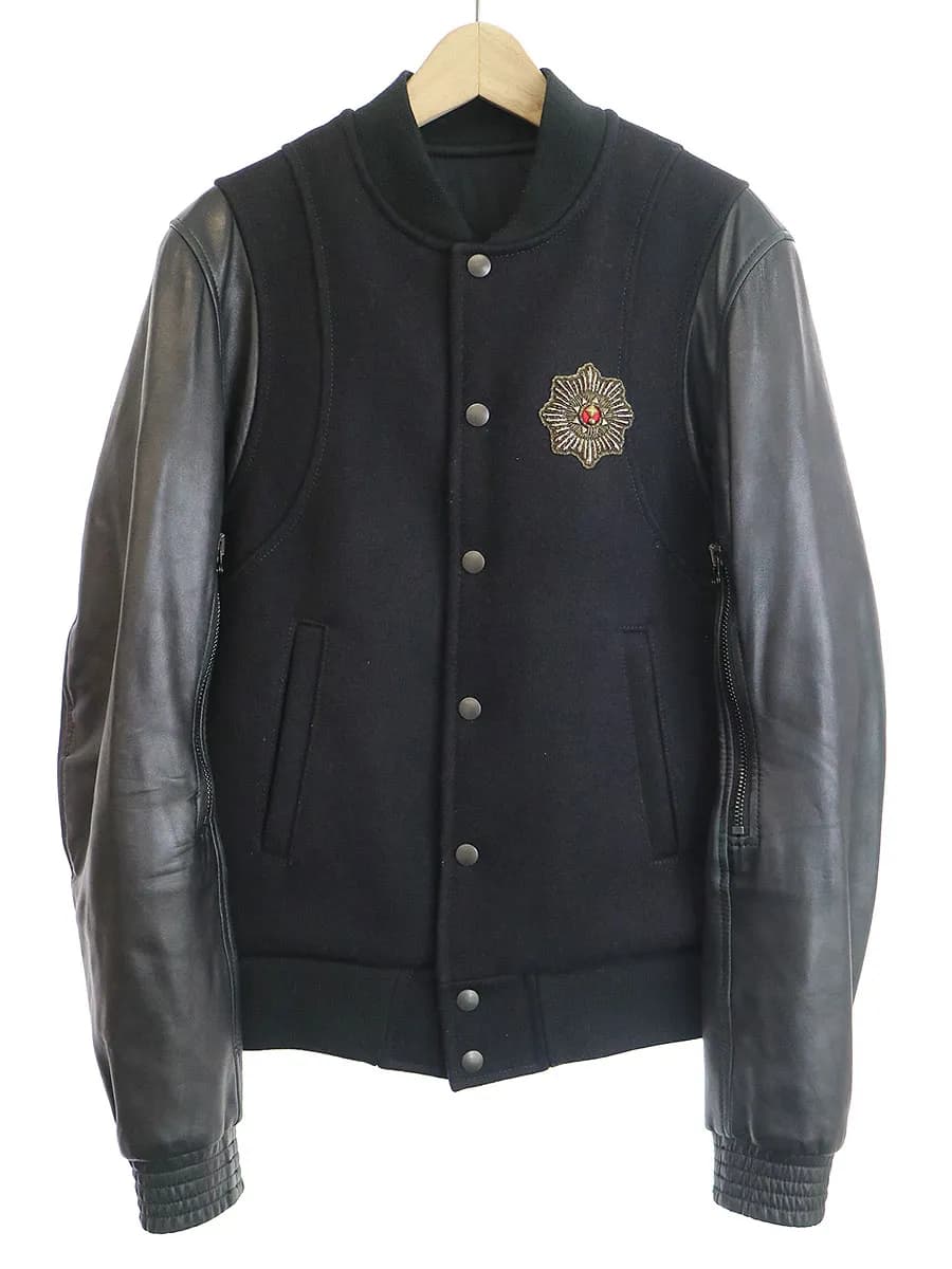 BALMAIN HOMME バルマン オム 10AW Teddy Varsity Leather Jacket エンブレム装飾レザー切替スタジャン