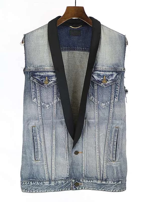SAINT LAURENT サンローラン パリ エディ期 サテンショールカラーダメージ加工デニムベスト