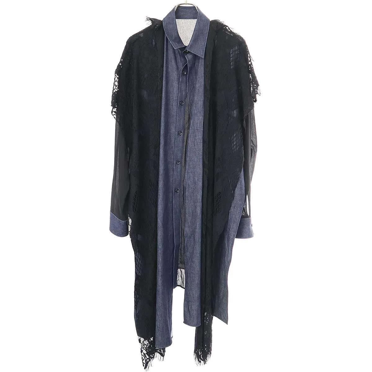 Yohji Yamamoto ヨウジヤマモト ファム 22AW デニムレースコンビネーション ロングアシンメトリーシャツ