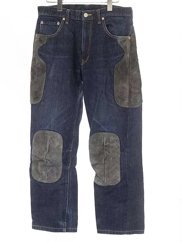 COMME des GARCONS コムデギャルソン オムオム 02SS レザーパッチデニムパンツ インディゴブルー