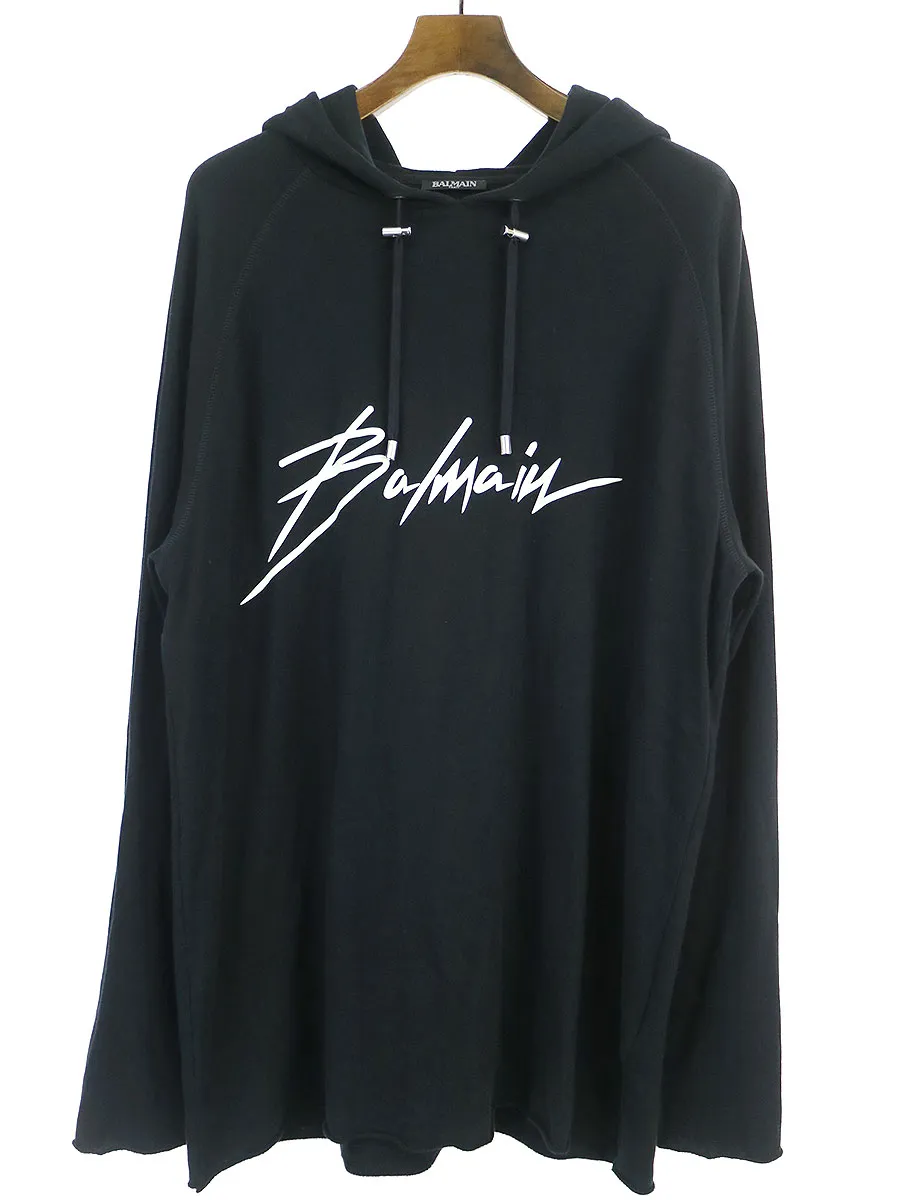 BALMAIN HOMME バルマン オム 19SS ロゴフロッキ―プリント裾カットオフデザインパーカー