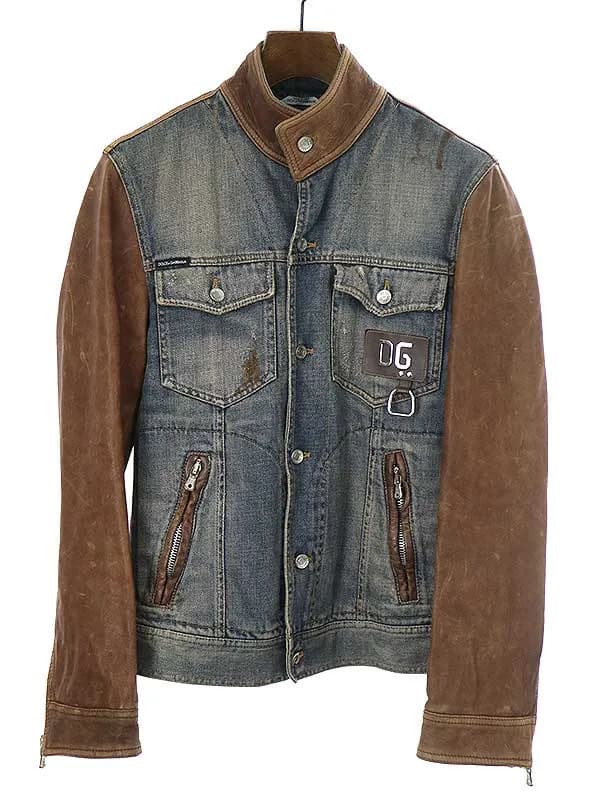 DOLCE&GABBANA ドルチェ&ガッバーナ ヴィンテージ加工 レザー切替トラッカージャケット