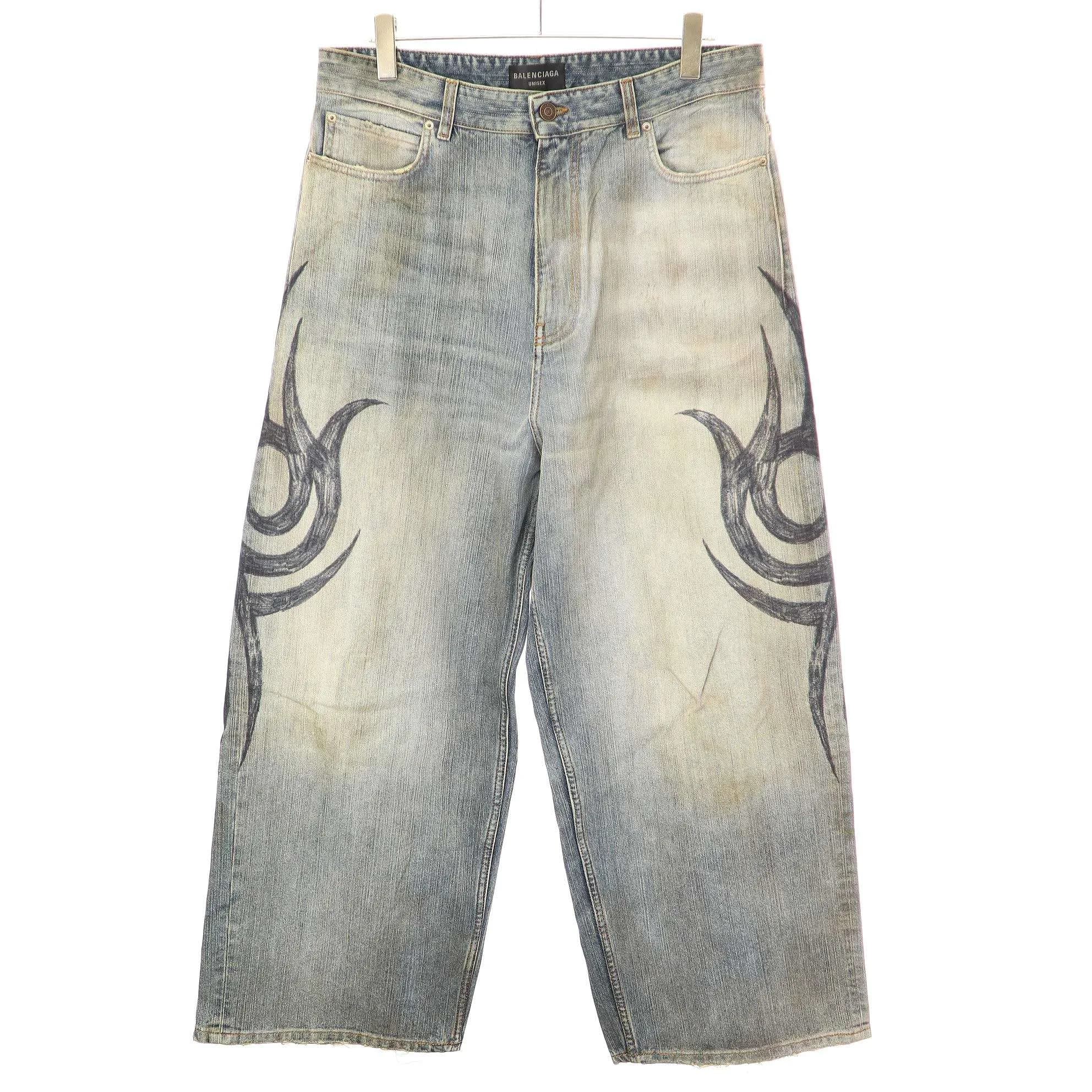 BALENCIAGA バレンシアガ Y2K Stretched Knee Baggy Jean トライバルプリントバギーデニムパンツ 809360 TRW77
