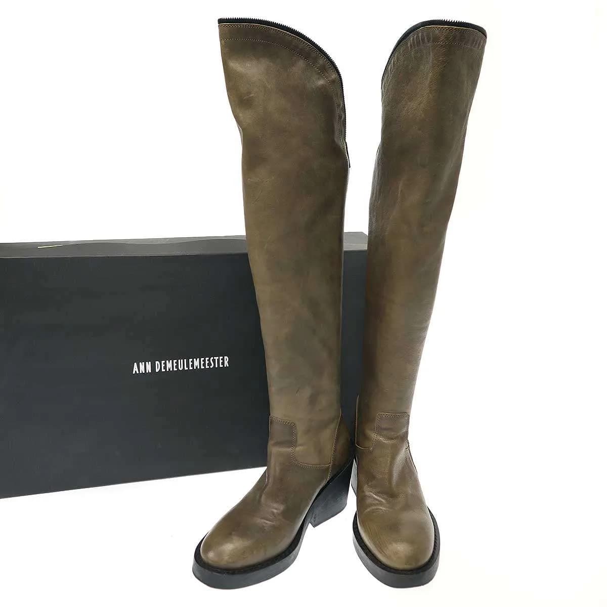 ANN DEMEULEMEESTER アンドゥムルメステール スパイラルジップレザーニーハイブーツ