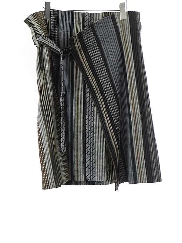 ISSEY MIYAKE オム プリッセ イッセイ ミヤケ 21AW WOVEN STRUCTURE マルチストライププリーツスカート グレー サイズ:フリー