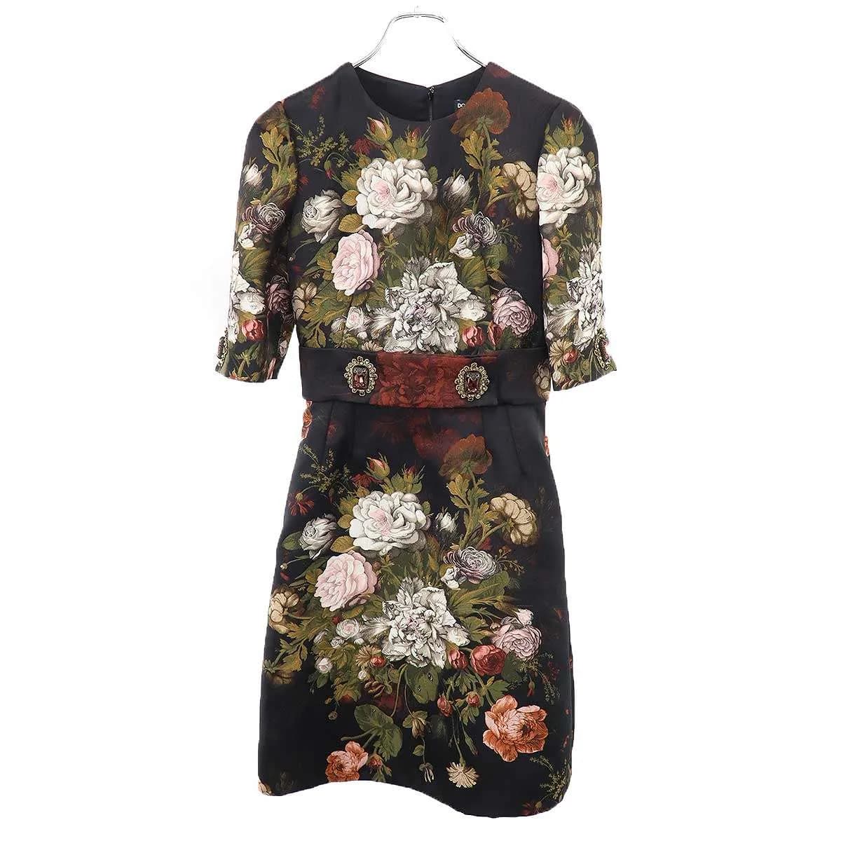 DOLCE&GABBANA ドルチェ&ガッバーナ フラワージャガード ビジューストーン ワンピース