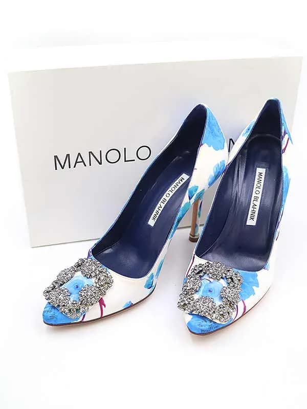 MANOLO BLAHNIK マノロブラニク HANGISI ブルーフラワープリントビジューパンプス