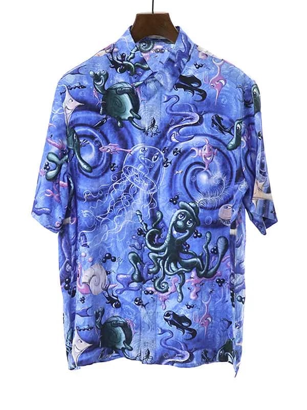Dior HOMME ディオール×ケニーシャーフ 21AW Shirt Blue Silk and Cotton Jacquard オブリークシルクコットンシャツ