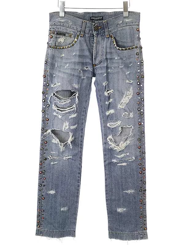 DOLCE&GABBANA ドルチェ&ガッバーナ 05SS 珊瑚スタッズクラッシュ加工デニムパンツ