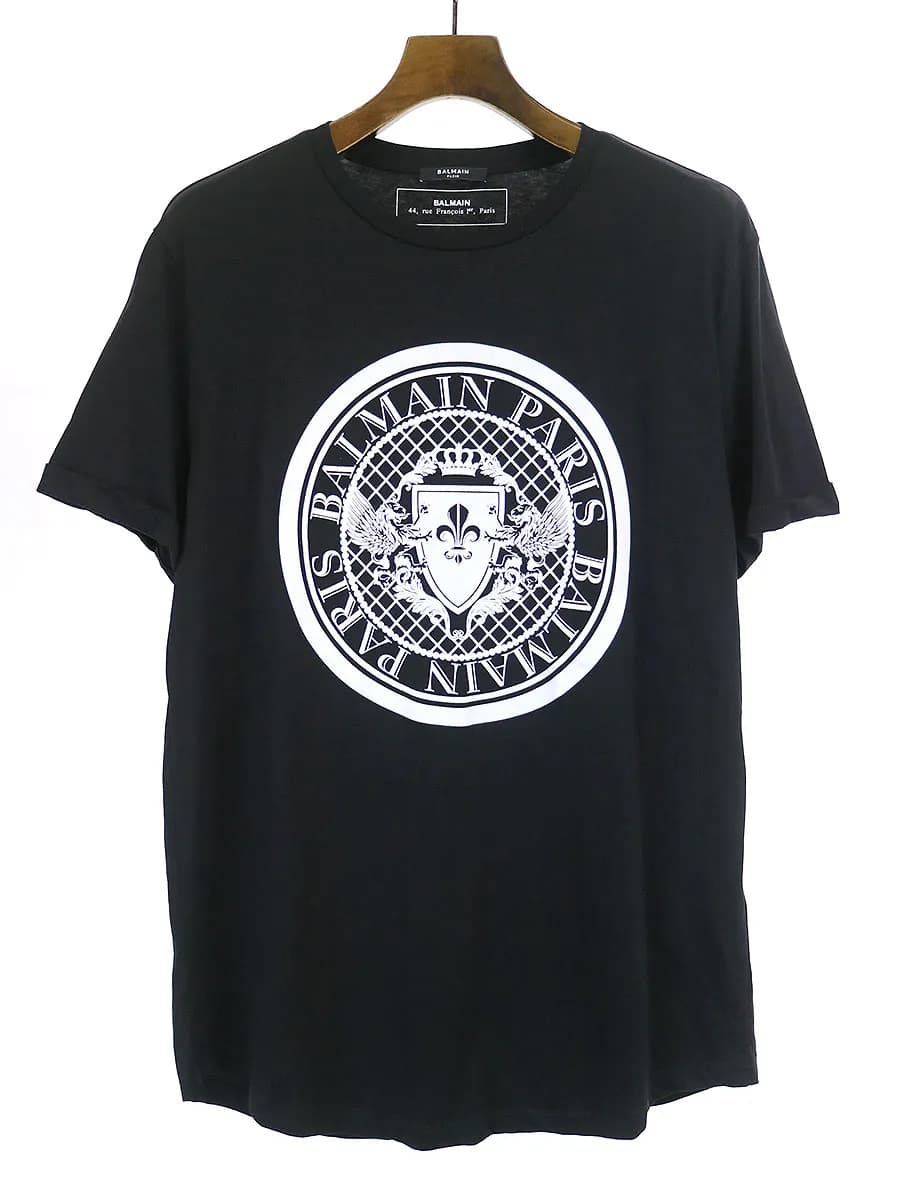 BALMAIN HOMME バルマン オム エンブレムフロッキープリントTシャツ