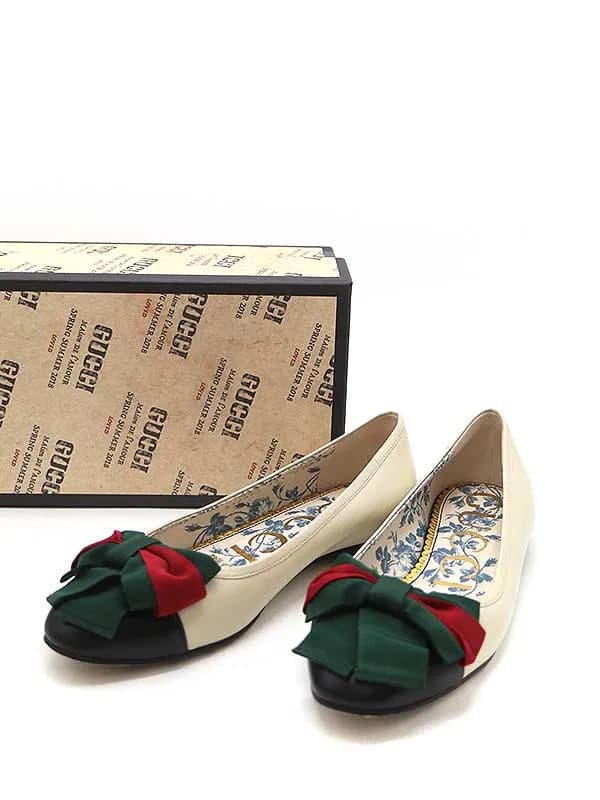 GUCCI グッチ ウェブリボン フラットレザーパンプス<br>
