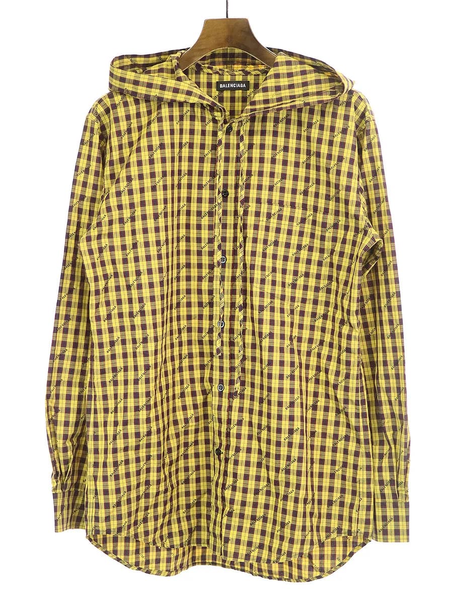 BALENCIAGA バレンシアガ 19AW チェック柄ロゴプリントオーバーサイズフーデットシャツ