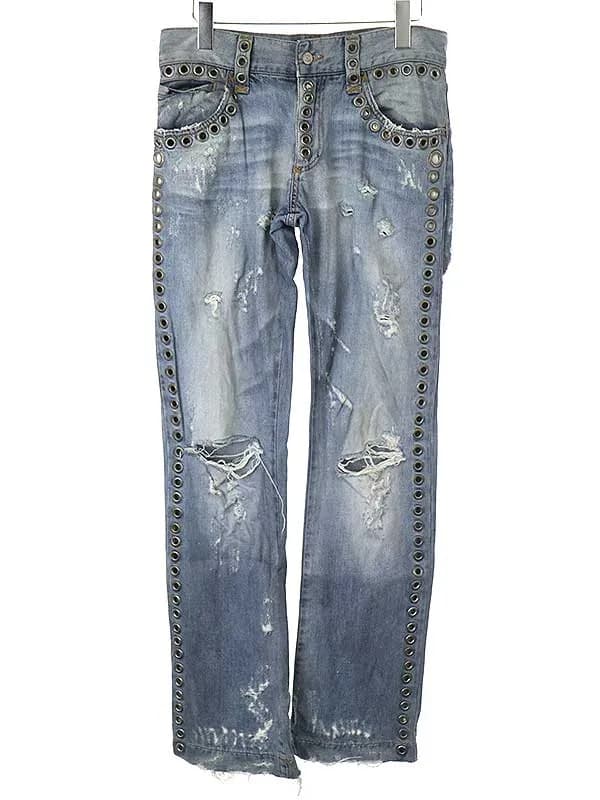 DOLCE&GABBANA ドルチェ&ガッバーナ 06SS ハトメスタッズデザインダメージ加工デニムパンツ