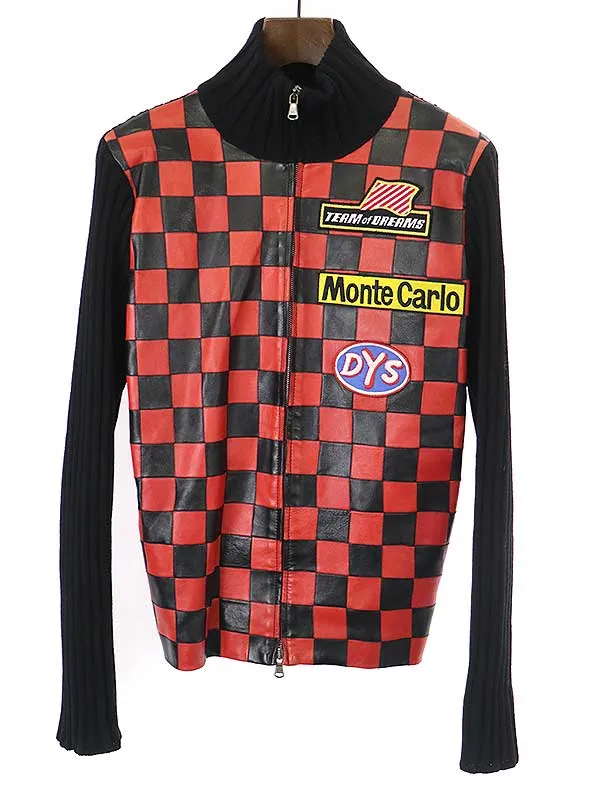 DOLCE&GABBANA ドルチェ&ガッバーナ 2001AW チェッカーフラッグレザーコンビレーシングニットジャケット