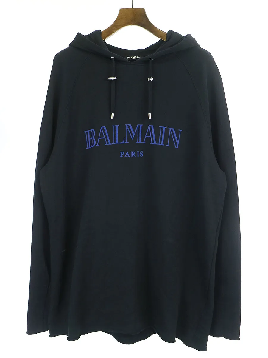 BALMAIN HOMME バルマン オム 19AW シグネチャーロゴプリントカットオフ加工パーカー