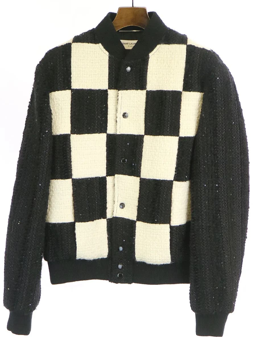 SAINT LAURENT サンローラン パリ 18AW ツイードスパンコールチェックテディジャケット ブルゾン