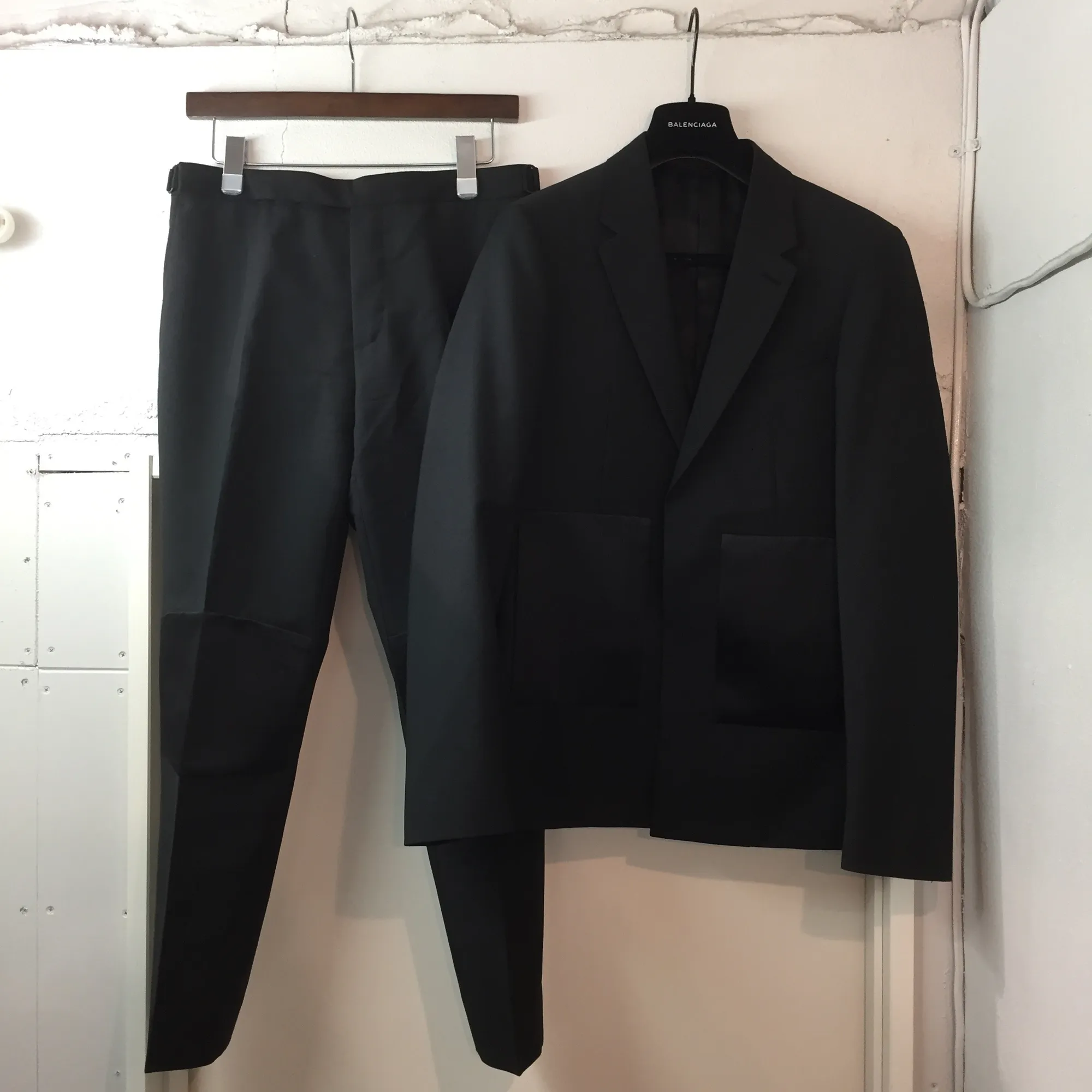 BALENCIAGA BALENCIAGA 15AW モヘヤ混サテンパッチテーラードジャケット・スリムスラックスパンツ