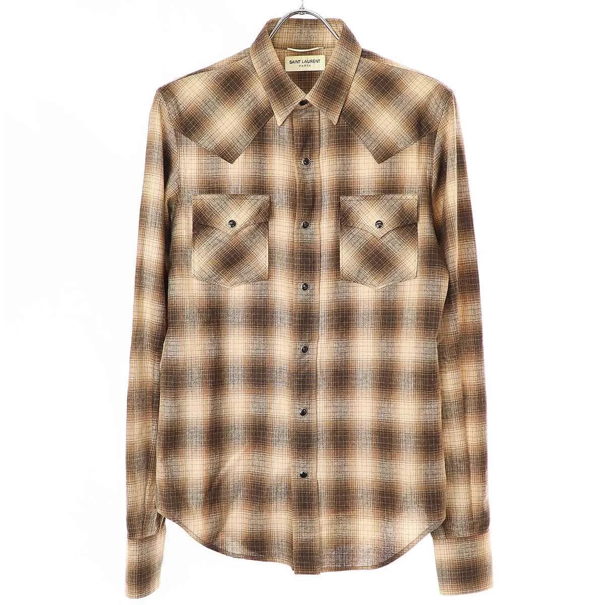 SAINT LAURENT サンローラン パリ 15AW カシミヤ混 ウールオンブレチェック ウエスタンシャツ