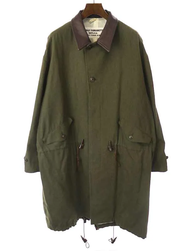 Yohji Yamamoto ヨウジヤマモト プールオム 15AW REPLICA 1991-1992AW ウールサージレザーカラートグルモッズコート カーキ