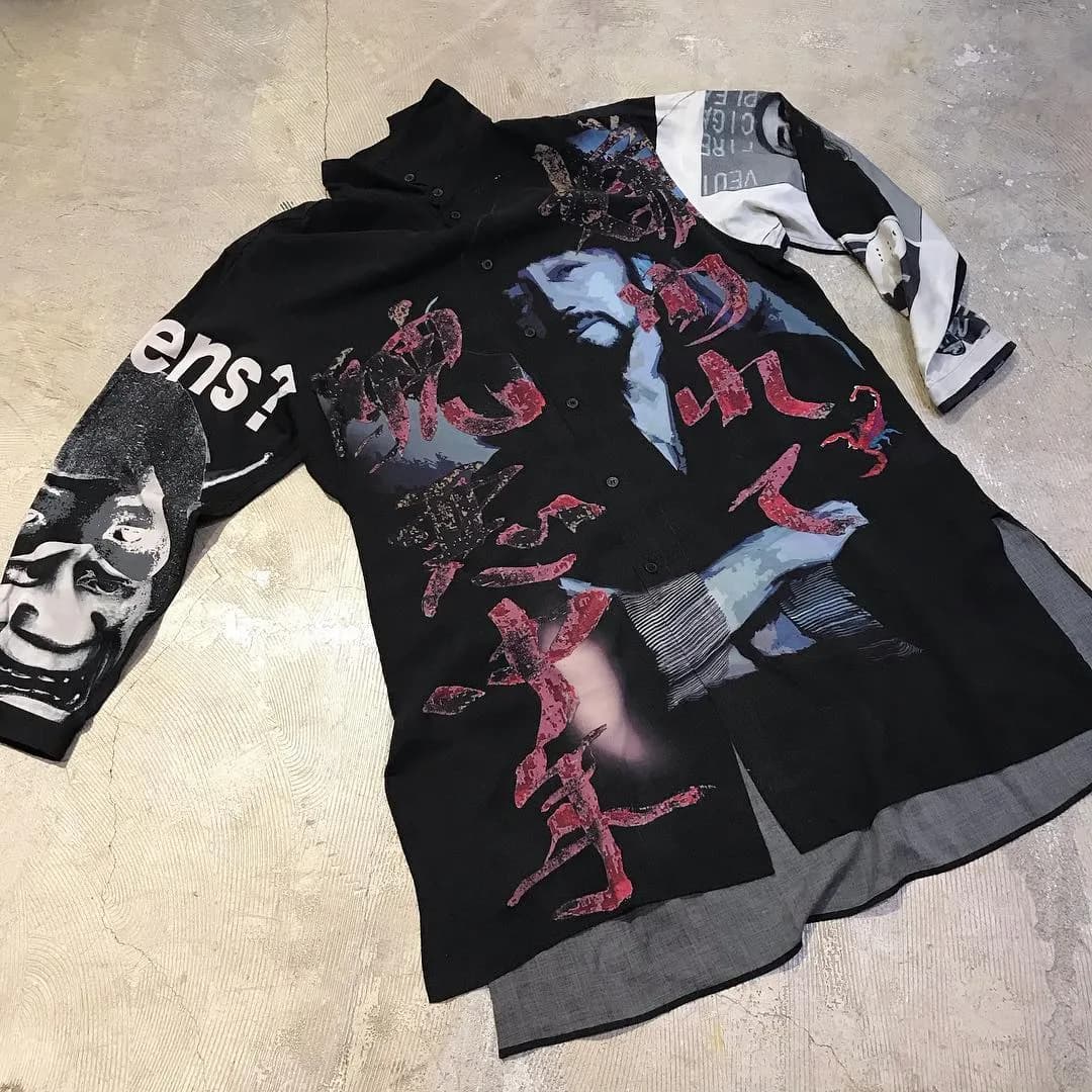 Yohji Yamamoto BLACK Scandal Yohji Yamamoto 18AW アシンメトリー襟プリントロングシャツ