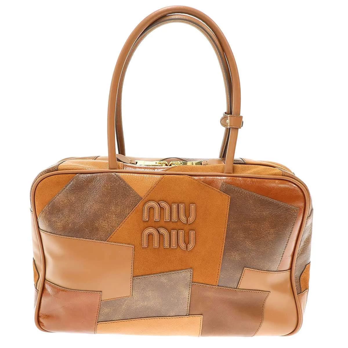 miu miu ミュウミュウ コニャック レザーパッチワーク ボー トートバッグ 5BB117
