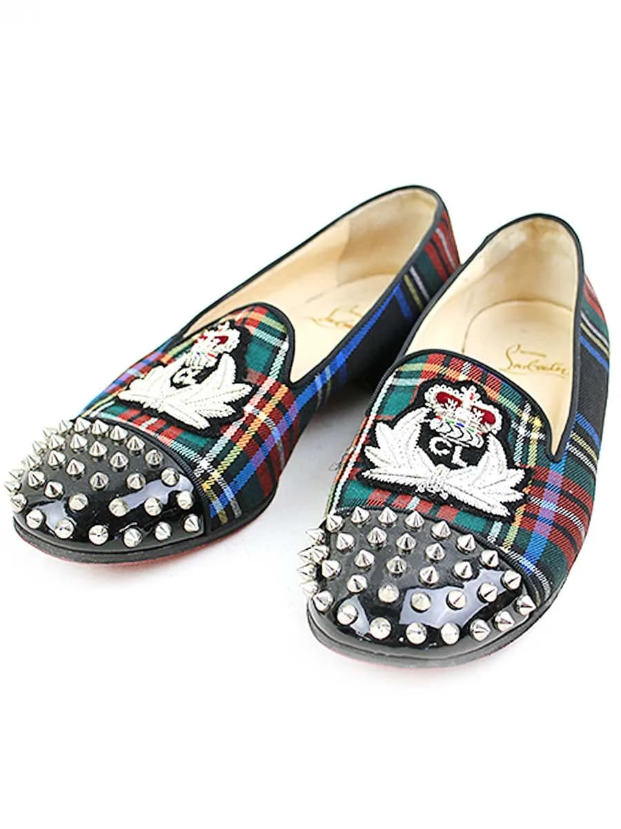 Christian Louboutin クリスチャンルブタン チェック柄エンブレムスパイクスタッズスリッポンシューズ
