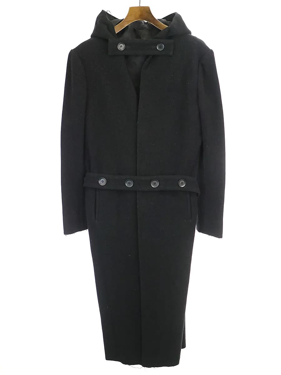 Yohji Yamamoto ヨウジヤマモト ファム 09AW LOOK20 ソフトメルトンチンストラップカットオフフーデッドコート