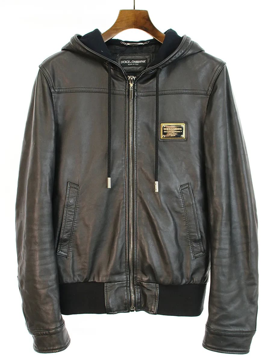 DOLCE&GABBANA ドルチェ&ガッバーナ プレート装飾ジップアップレザーパーカー
