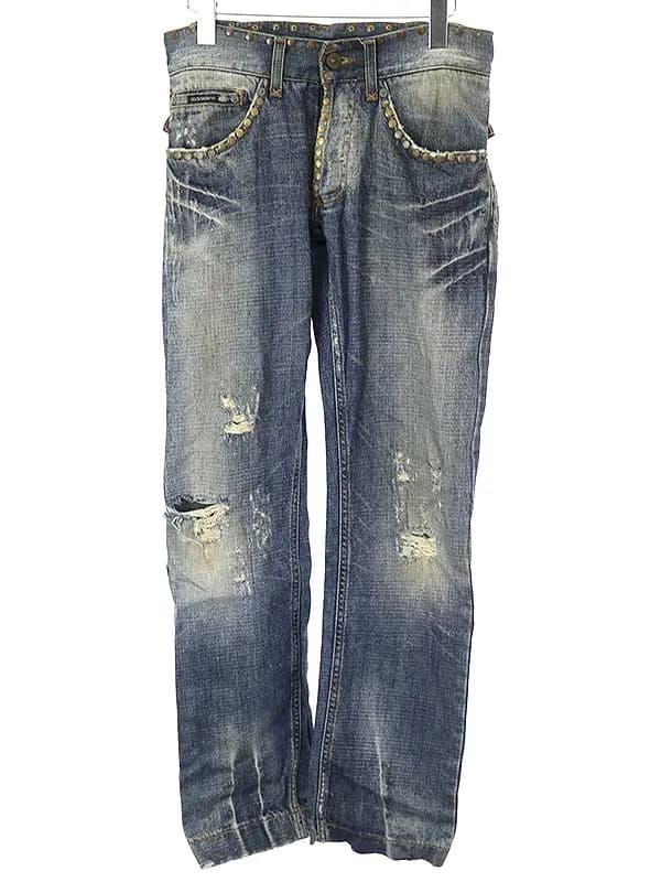 DOLCE&GABBANA ドルチェ&ガッバーナ 05SS レザーベルト付き スタッズデザインデニムパンツ