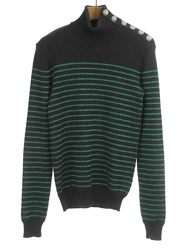 BALMAIN HOMME バルマン オム 15AW メタルボタンラメボーダーハイネックニットセーター
