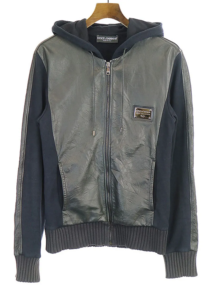 DOLCE&GABBANA ドルチェ&ガッバーナ 09SS プレート付きレザースウェットコンビパーカー