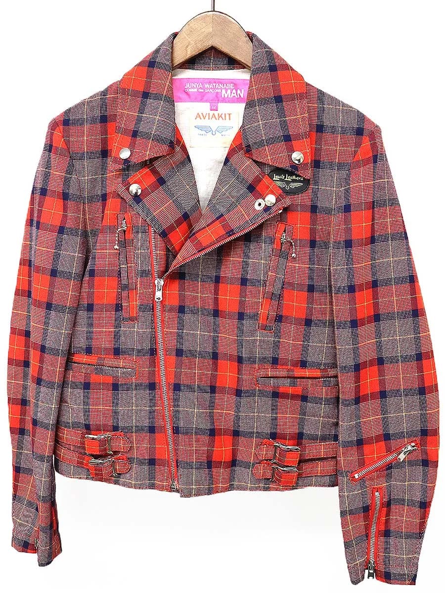 COMME des GARCONS ジュンヤワタナベ コムデギャルソン マン × ルイスレザー 03SS PINK チェック柄ライダースジャケット