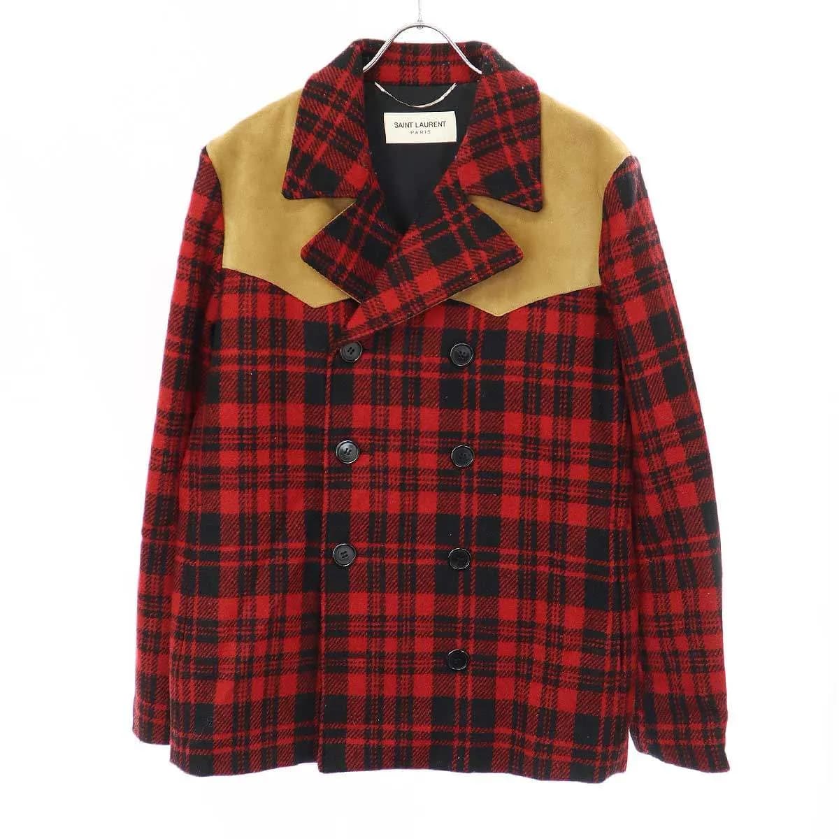 SAINT LAURENT サンローラン パリ 14AW レザー切替チェック柄Pコート