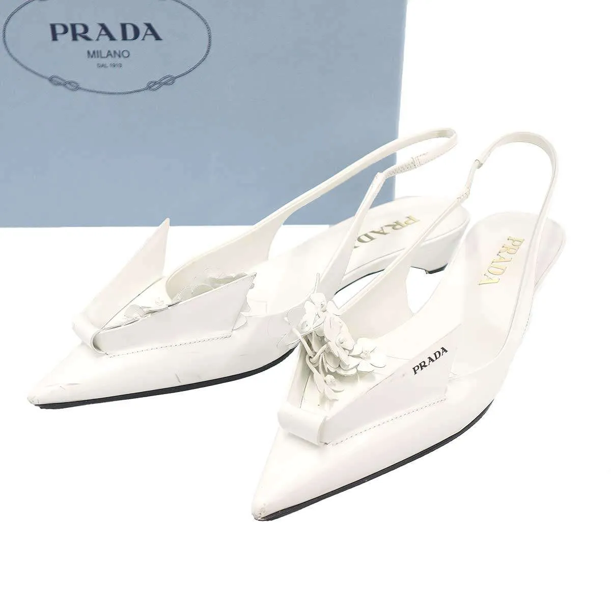 PRADA プラダ 23AW ブラッシュドレザー フラワー スリングバックパンプス