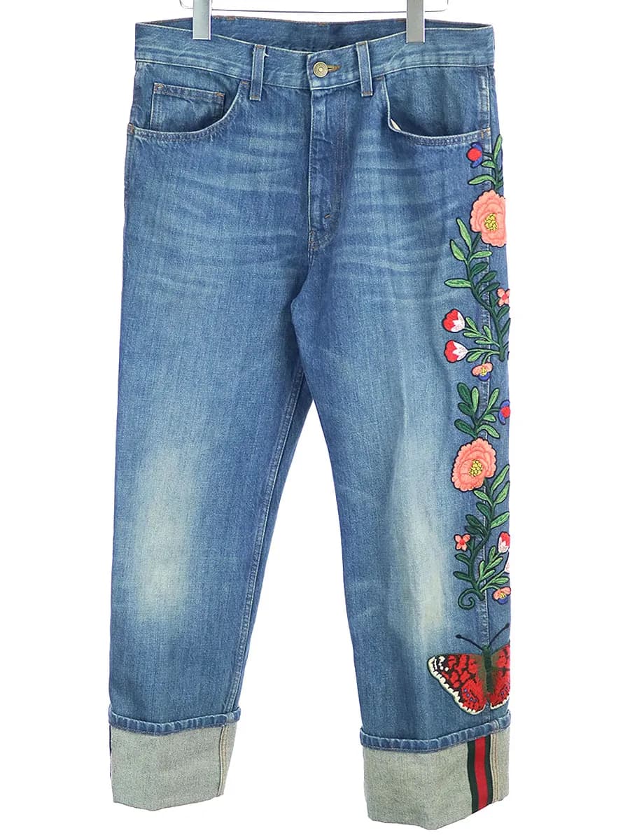 GUCCI GUCCI 16AW フラワーエンブロイダリーウェブラインデニムパンツ