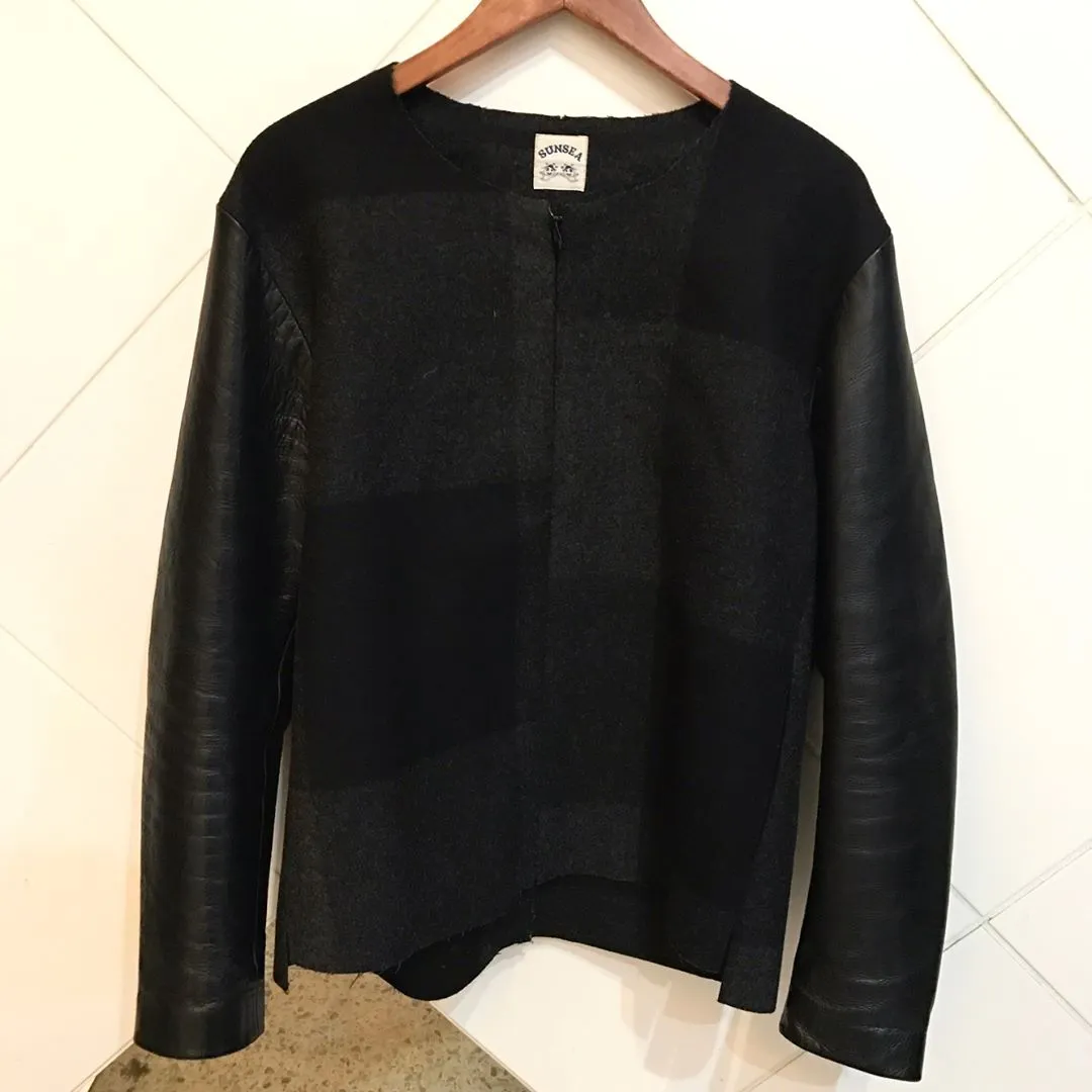 SUNSEA SUNSEA 12AW レザースリーブブロックチェックメルトンノーカラージャケット