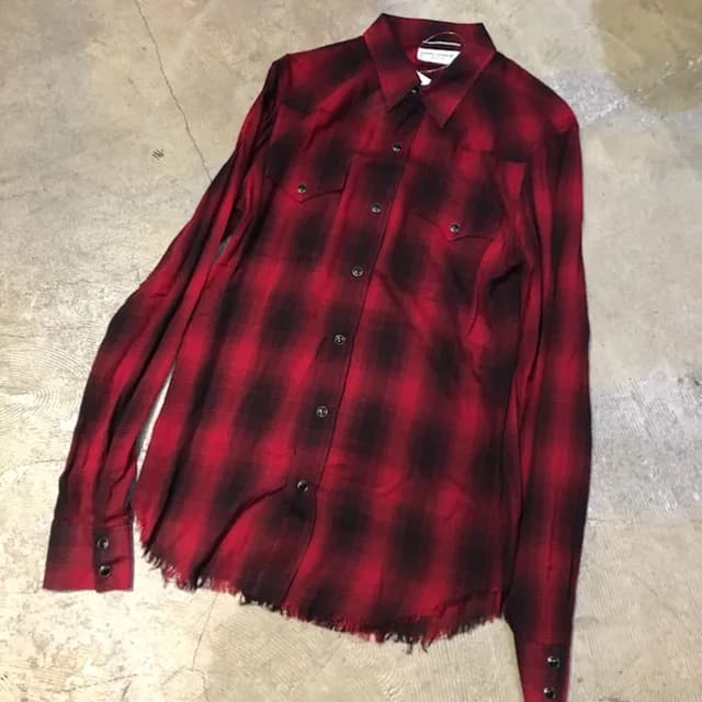 SAINT LAURENT SAINT LAURENT PARIS 16SS フレイドヘムレーヨンチェックウエスタンシャツ