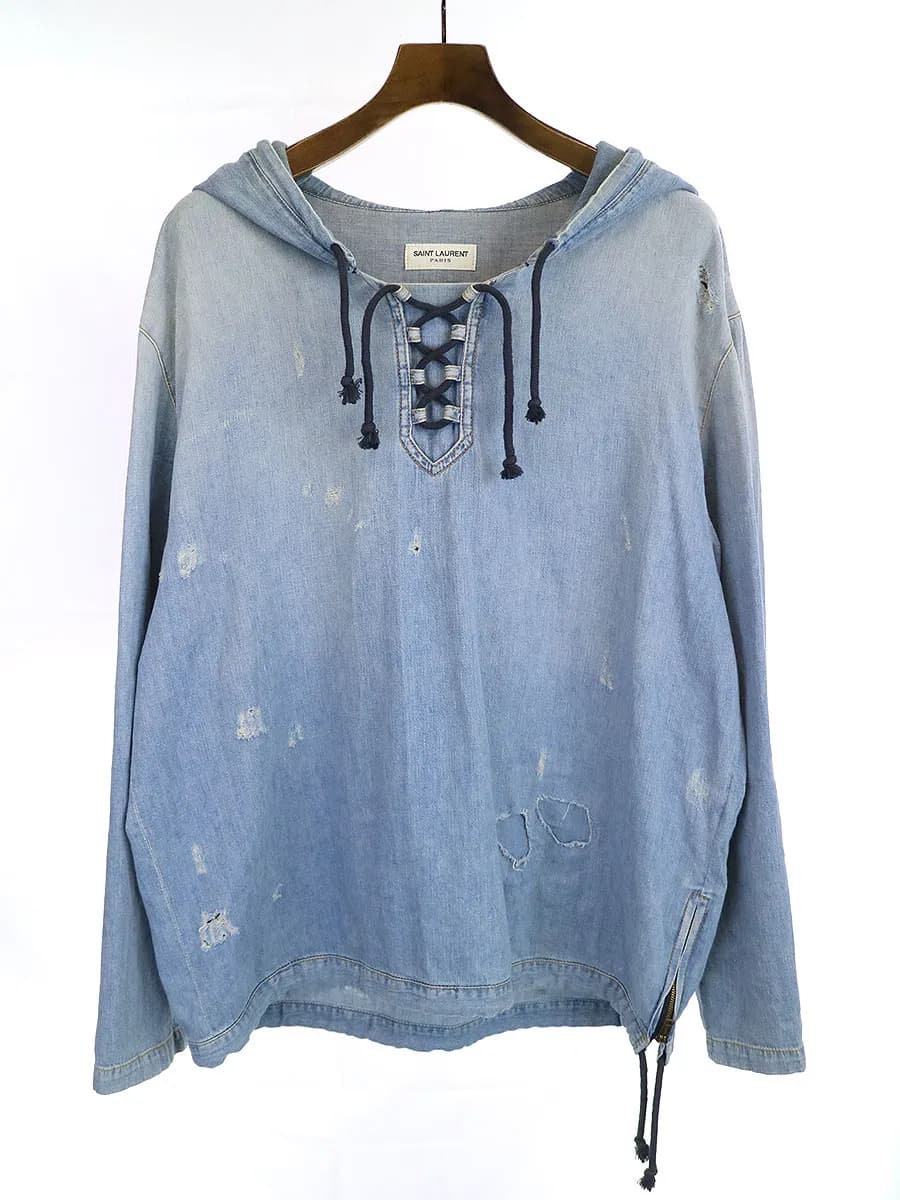 SAINT LAURENT サンローラン パリ 19SS デストロイデニムフーディ パーカー