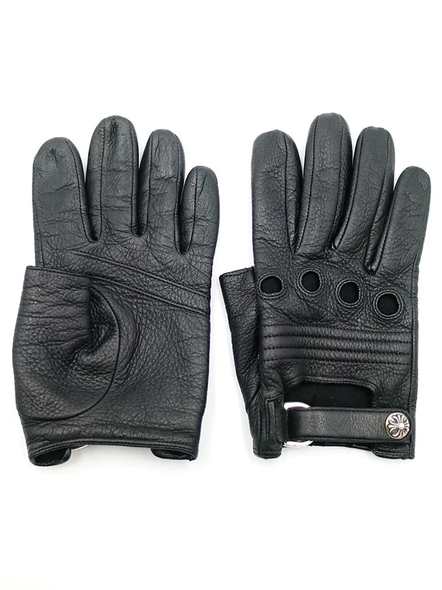 CHROME HEARTS クロムハーツ クロスボールボタンオープンフィンガーレザーグローブ