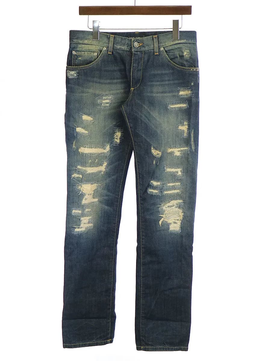 DOLCE&GABBANA ドルチェ&ガッバーナ 14SS プレート付きハードクラッシュリペアデニムパンツ