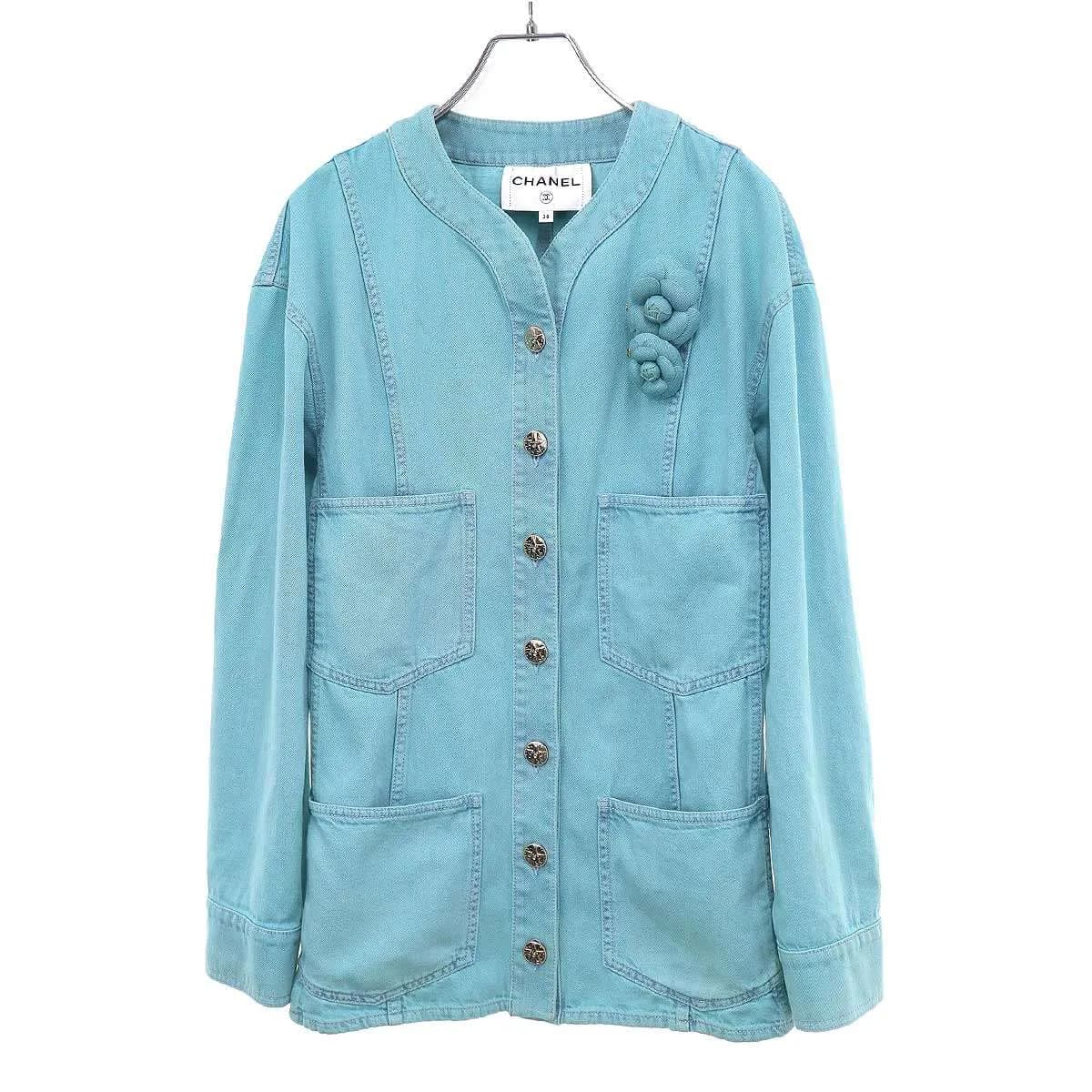 CHANEL シャネル 21SS ココマーク カメリア フラワーブローチデニムベースボールシャツジャケット P70707V62122