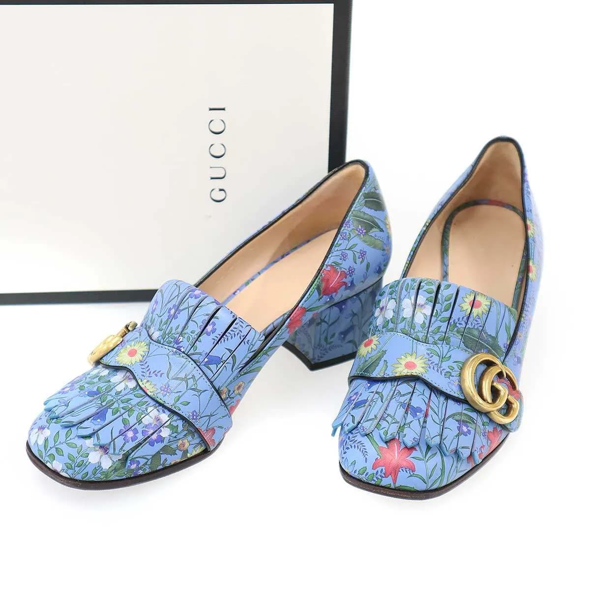 GUCCI グッチ GGマーモント フラワーフリンジレザーパンプス
