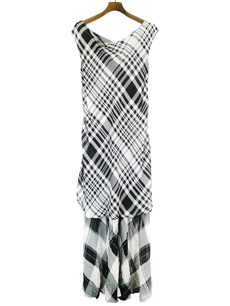 Yohji Yamamoto ヨウジヤマモト プリュスノアール 04SS チェック柄レイヤードロングドレスワンピース