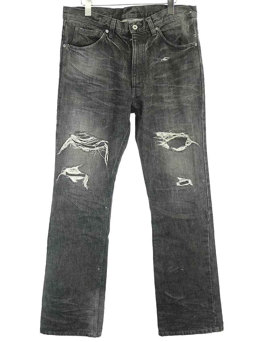 ISAMU KATAYAMA BACKLASH イサムカタヤマ バックラッシュ ヴィンテージ加工カーフレザーデニムパンツ