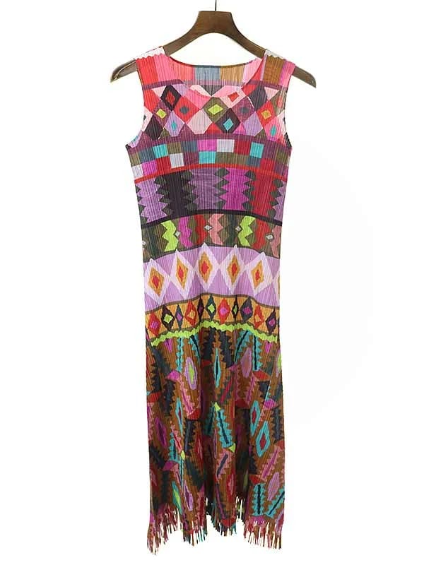 ISSEY MIYAKE プリーツプリーズ イッセイミヤケ 09AW エスニック総柄 ノースリーブフリンジプリーツワンピース