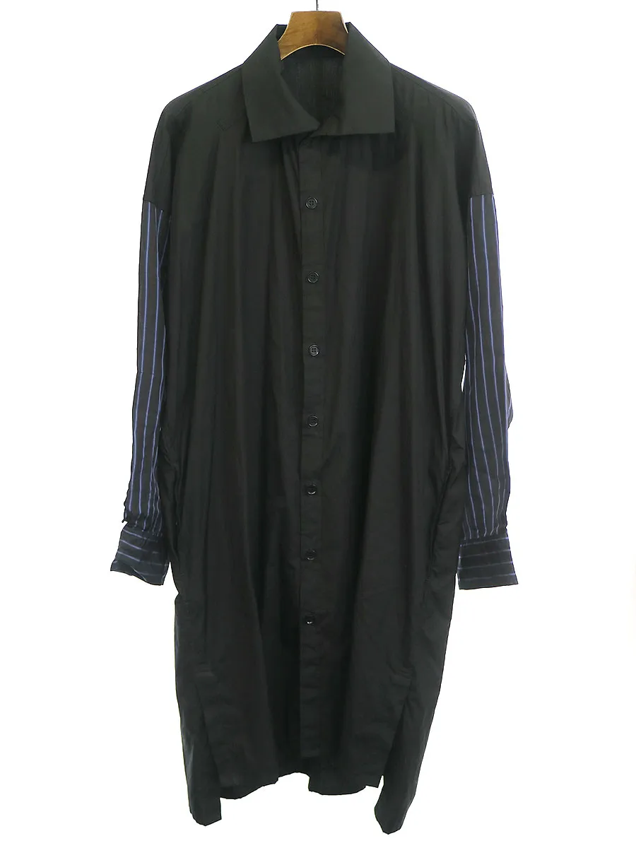 Yohji Yamamoto ヨウジヤマモトプールオム 19SS 製品洗い加工ストライプスリーブコットンロングシャツ