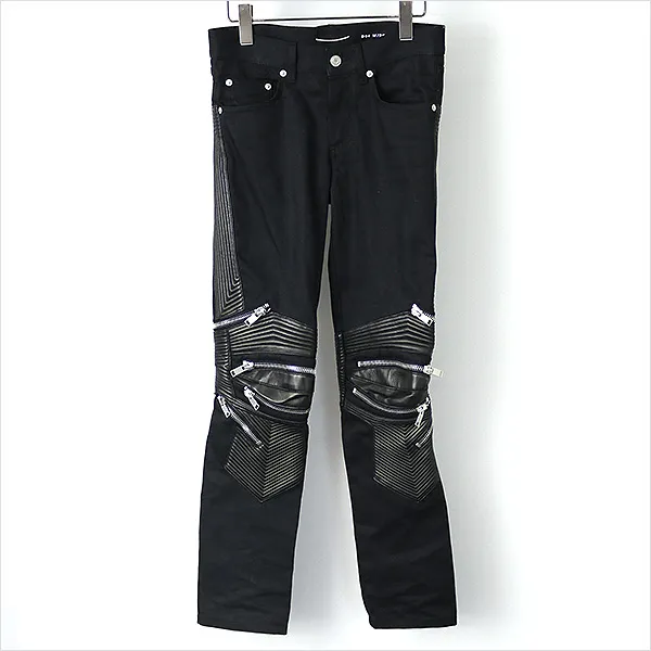 SAINT LAURENT SAINT LAURENT PARIS レザー切替ストレッチバイカーデニムパンツ/27