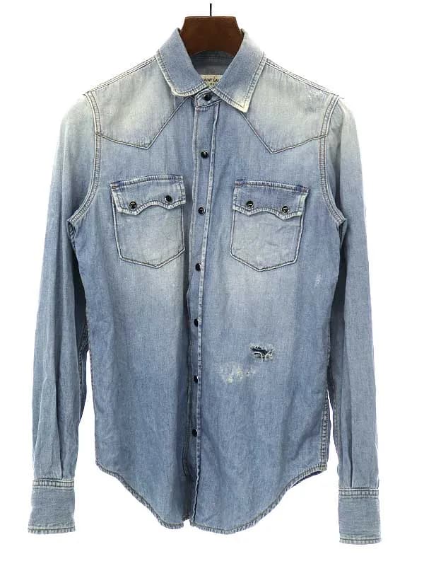 SAINT LAURENT サンローラン パリ 19SS デストロイ加工デニムウエスタンシャツ